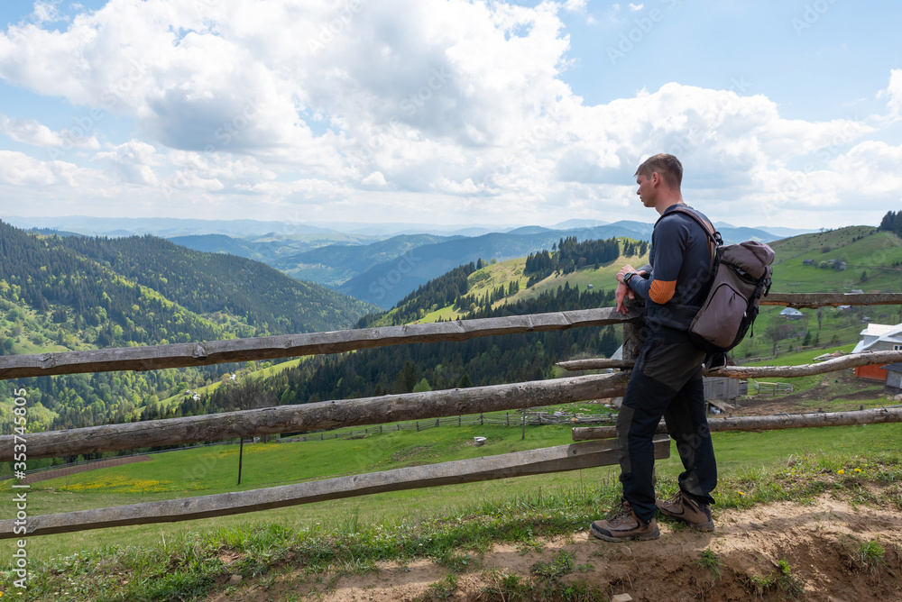 hiker with equipment spends time hiking in the mountains