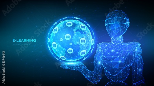 E-learning. Innovative online education concept. Abstract 3d low polygonal robot holding planet Earth globe. Webinar, teaching, online training courses. Skill development. Vector illustration.