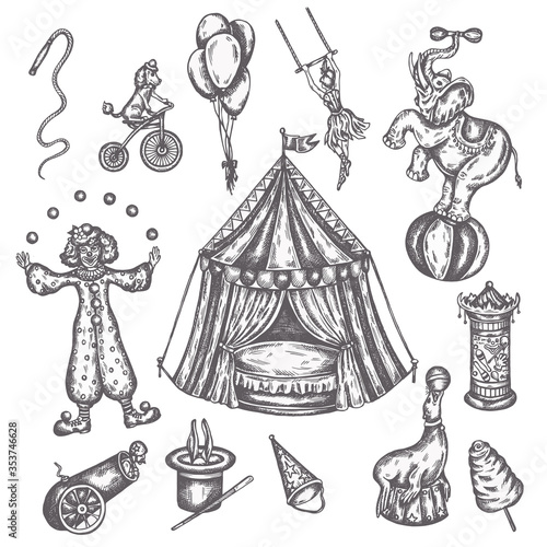 Circus vintage icons set. Hand drawn sketch of animals and amusement Vector illustrations of performens