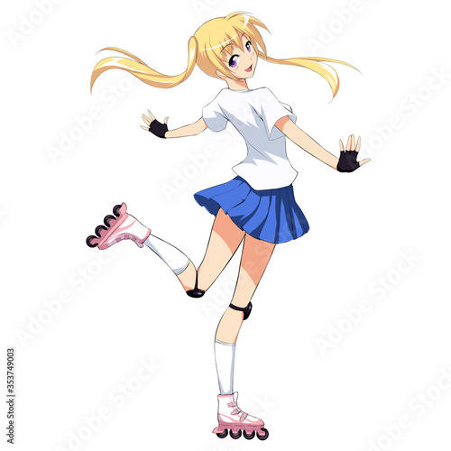 Happy anime girl roller skating