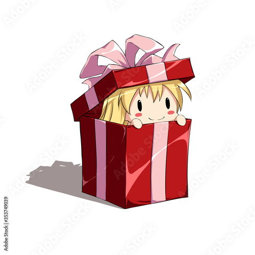 Cute anime girl in a gift box