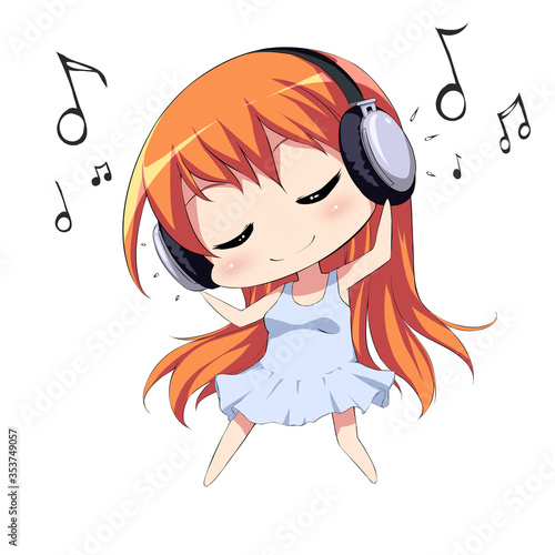 Cute girl with headphones listening to music and dancing photo