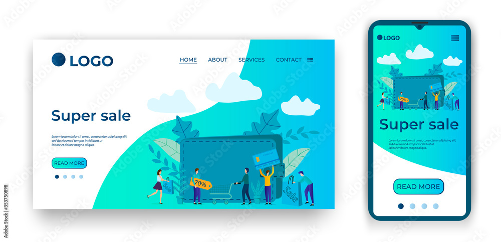 Super sale.Template for the user interface of the website's home page.Landing page template.The adaptive design of the smartphone.vector illustration.