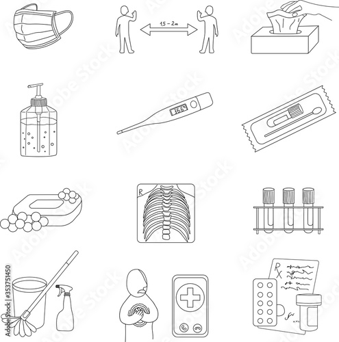 Virus / Coronovirus prevention line icon set. Medical mask, disinfectant, x-ray, blood test, smear test, social distance, doctor's call, medication