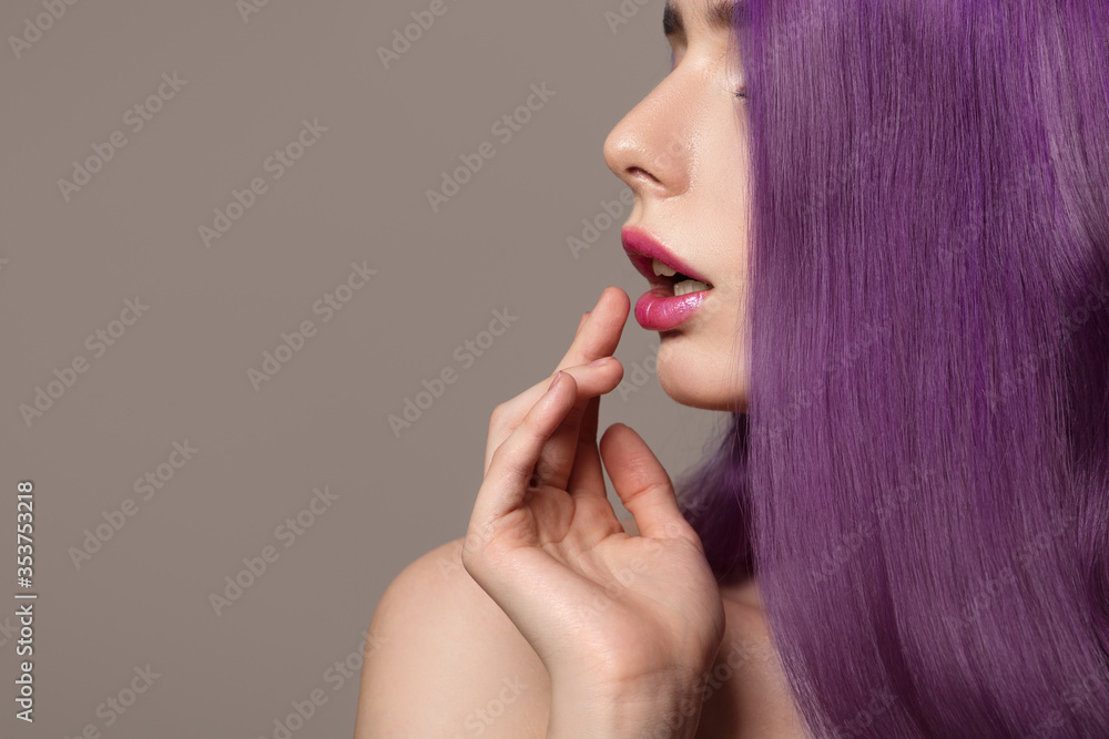 Close-up portrait of a woman's lips and hair. side view. copycpase Close-up portrait of a woman's lips and hair. side view. copycpase
