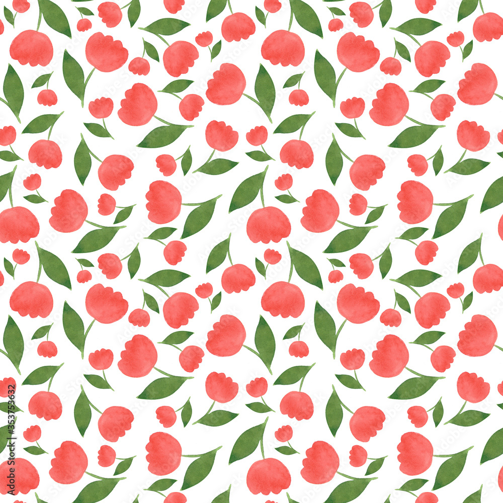 Red flowers seamless pattern isolated on white background. Botanical cute illustration
in red and green colors. Floral pattern for fabric, packaging, invitations, business cards, cards, fabric.