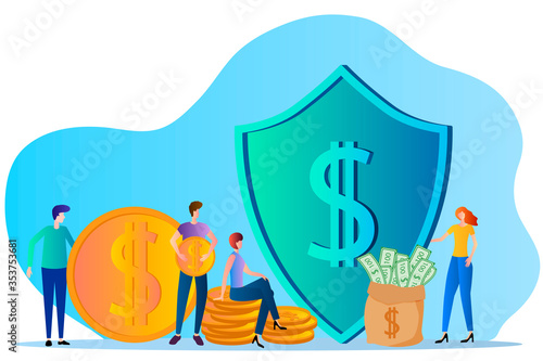 Protection of Bank deposits.People, shield, money.Security concept.Flat vector illustration.