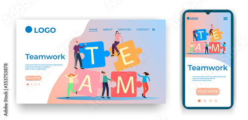 Teamwork.Template for the user interface of the website's home page.Landing page template.The adaptive design of the smartphone.vector illustration.