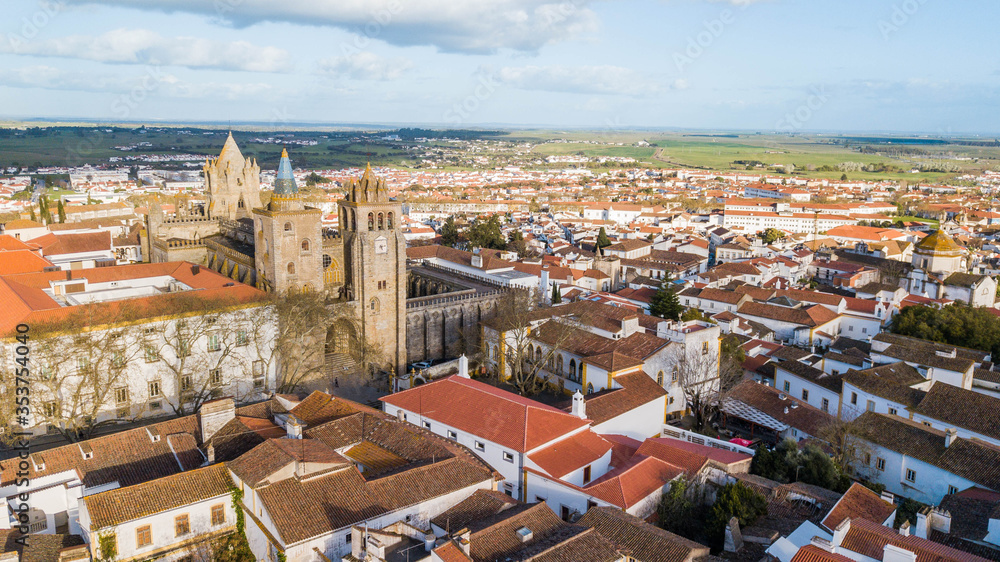 Aerial view of the Évora Cathedral and the historic center in the background. beautiful panoramic view of the cathedral of the city of Évora in Portugal