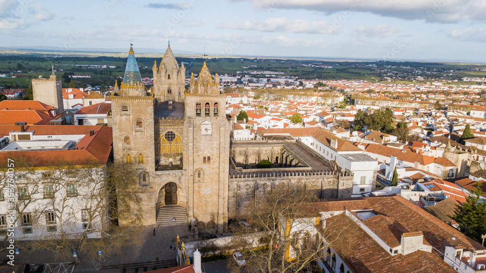 Aerial view of the Évora Cathedral and the historic center in the background. beautiful panoramic view of the cathedral of the city of Évora in Portugal