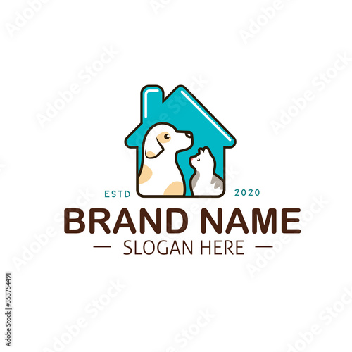 House for cat and dog. Pet care logo with home icon