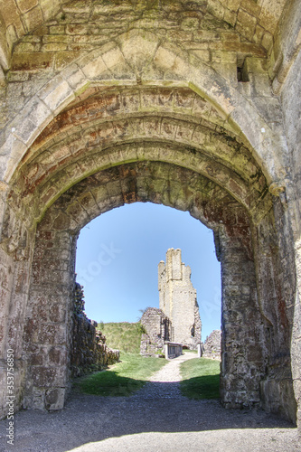 Helmsley Castle gate with tower in the background. North York Moors National Park, North Yorkshire, England