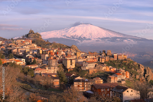 Mountain Village Of Sicily And Natural Landmark Etna Snow Covered