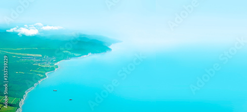Aerial view, picturesque panoramic landscape on the seaside, sunny summer day