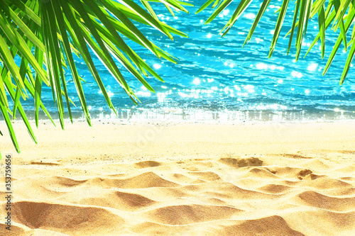 Fototapeta Naklejka Na Ścianę i Meble -  Green palm trees, beautiful sand beach. Vacation holidays background, tropical beach