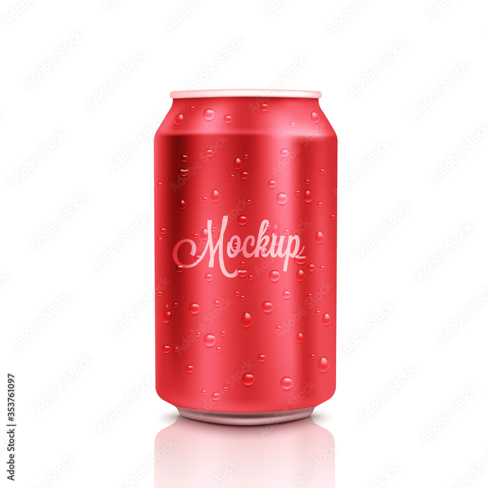 Red cold aluminium beer can mockup with drops, 300 ml. Empty fresh soda tin packing mock up with condensate, isolated.Vector illustration Red cold aluminium beer can mockup with drops, 300 ml. Empty fresh soda tin packing mock up with condensate, isolated.Vector illustration