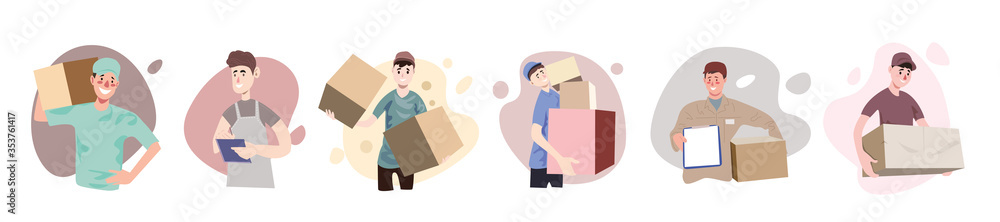 Courier staff character. Deliveryman is holding a box with smiley face.flat design style minimal vector illustration Courier staff character. Deliveryman is holding a box with smiley face.flat design style minimal vector illustration