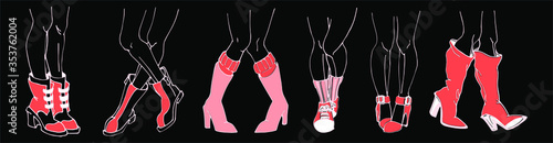 Vector fashion illustrations set of female legs in different shoes. Collection of beautiful female legs. Slim women's legs in high-heeled shoes, sneakers with socks and boots in red color on black.