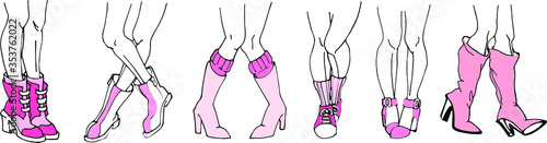 Vector fashion illustrations set of female legs in different shoes. Collection of beautiful female legs. Slim women's legs in high-heeled shoes, sneakers with socks and boots in pink color.