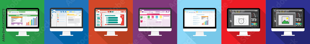 © 200degrees - Spreadsheet, email, presentation, word, image editor software program on Computer screen flat icon. office things for planning and accounting, analysis, audit, project management, vector illustration © 200degrees - Spreadsheet, email, presentation, word, image editor software program on Computer screen flat icon. office things for planning and accounting, analysis, audit, project management, vector illustration