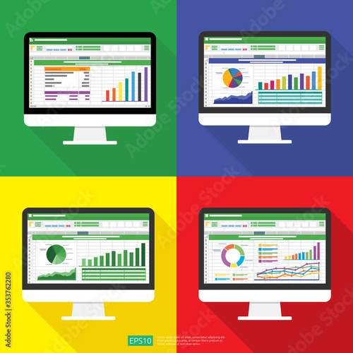 Spreadsheet on Computer screen flat icon. Financial accounting report concept. office things for planning and accounting, analysis, audit, project management, marketing, research vector illustration