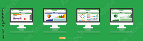 Spreadsheet on Computer screen flat icon. Financial accounting report concept. office things for planning and accounting, analysis, audit, project management, marketing, research vector illustration