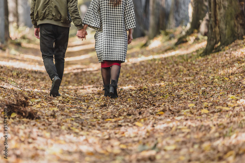Cropped rear view of young couple walking in park during autumn, holding hands.