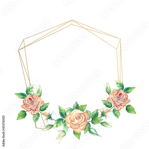 Gold geometric frame decorated with flowers. Peach roses, green leaves, open ...