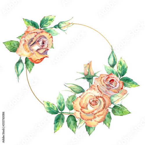 Gold geometric frame decorated with flowers. Peach roses, green leaves, open ...