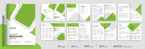 Green elegant brochure template layout design, minimalist business profile template wtih green shapes, multipage editable company profile design.