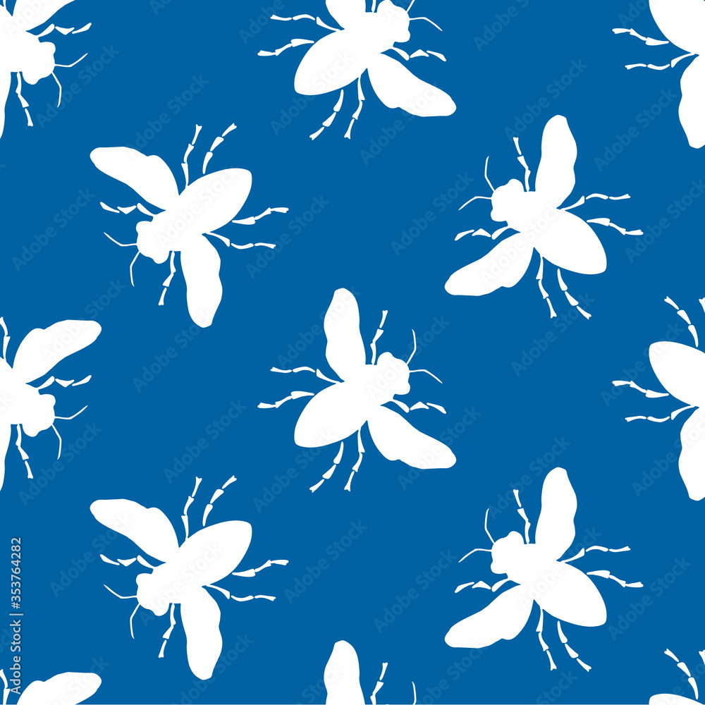 Bee seamless pattern. White insect on blue background. Monochrome vector illustration. Bee seamless pattern. White insect on blue background. Monochrome vector illustration.