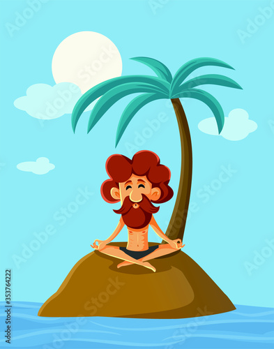 Lonely Man on a Deserted Island Vector Cartoon