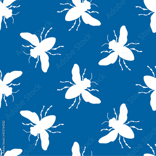 Bee seamless pattern. White insect on blue background. Monochrome vector illustration.