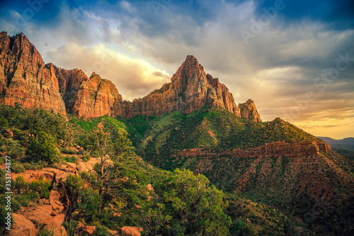Sunset on the Watchman and Zion Canyon, Zion National Park, Utah