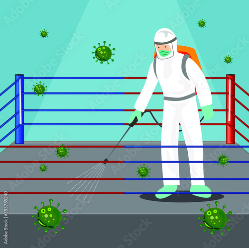 Vector illustration of a coronary injection (Covid-19) personnel sterilizing spray inside the boxing stadium.