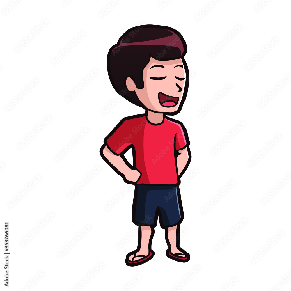 Funny and cute man with red shirt in arrogant pose vector cartoon illustration