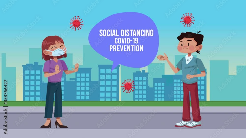couple with social distancing covid19 prevention message on the city couple with social distancing covid19 prevention message on the city