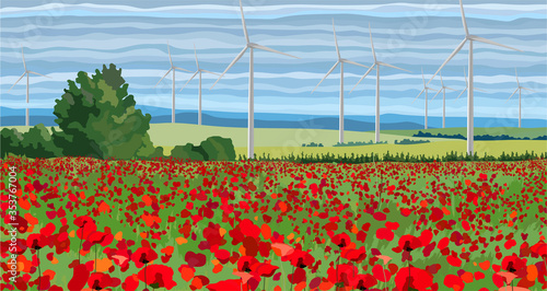 White wind turbine generating electricity in the poppy field