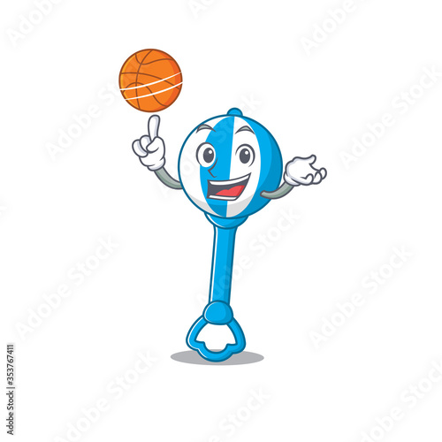 Sporty cartoon mascot design of rattle toy with basketball