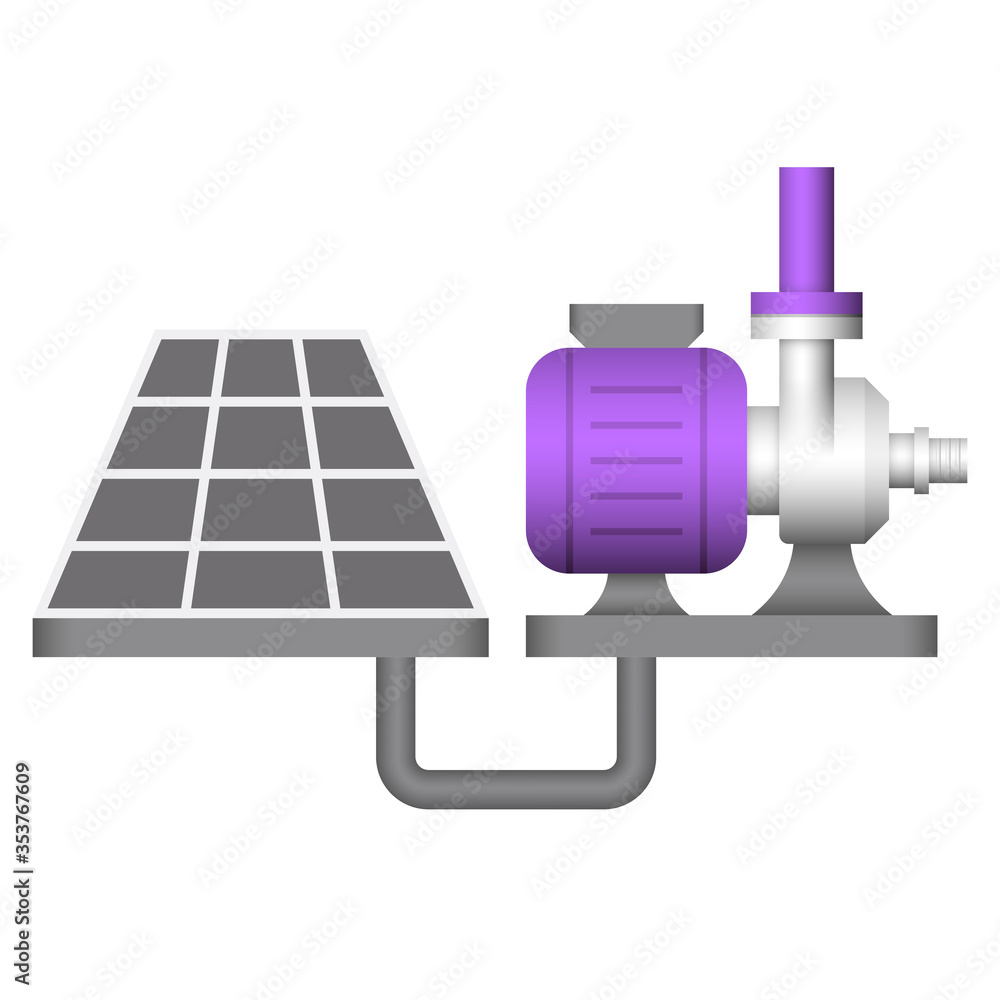 Water pump icon. Consist of centrifugal pump, pipe and solar panel. Powered by electric motor with solar energy. To produce flow and pressure, distribution and supply water for plumbing, irrigation. Water pump icon. Consist of centrifugal pump, pipe and solar panel. Powered by electric motor with solar energy. To produce flow and pressure, distribution and supply water for plumbing, irrigation.
