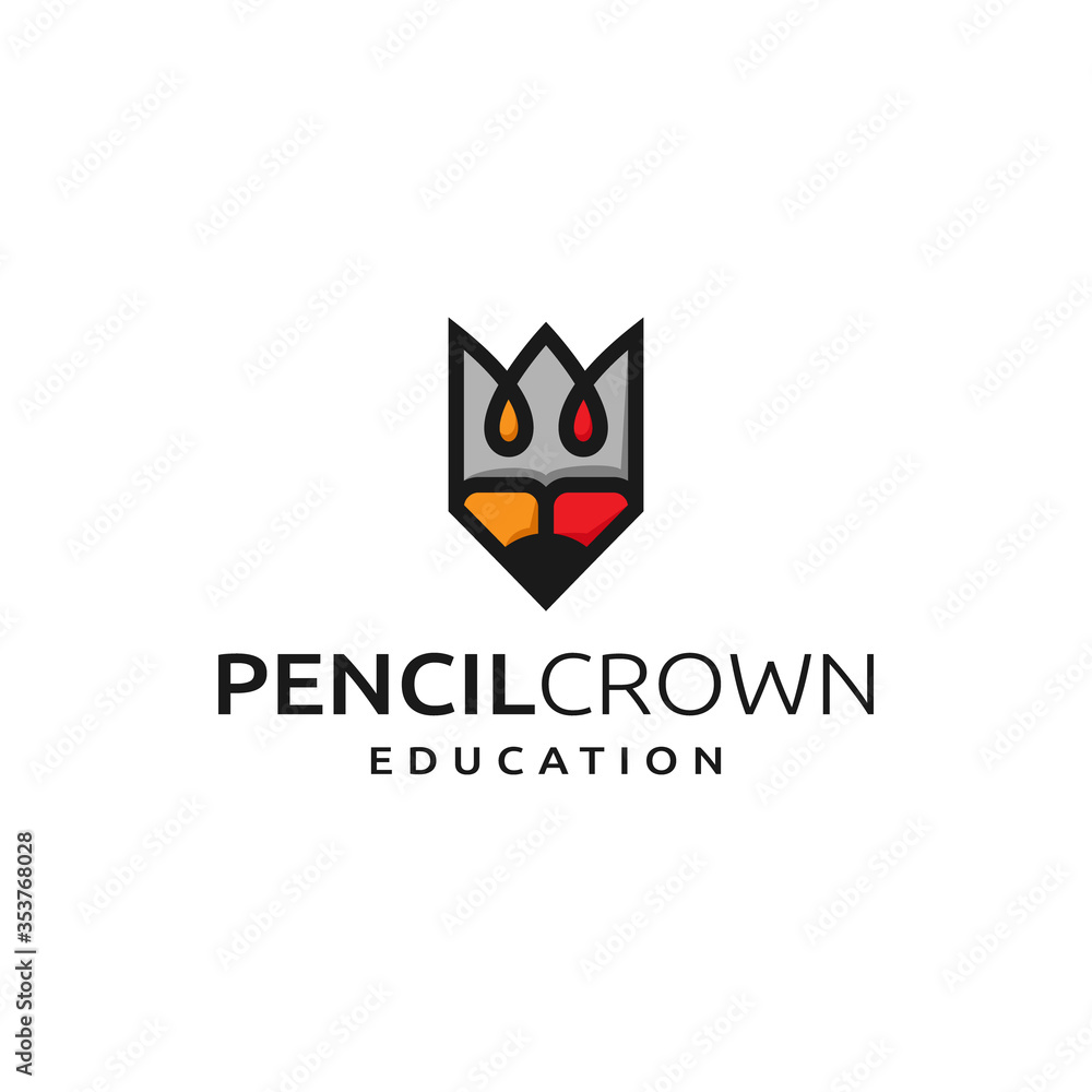 Pencil Education for School or College or Office with Crown or King Logo Outline Style Vector Creative Modern Design Logo