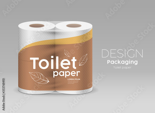 Plastic roll toilet paper packaging, leaf and brown design on gray background, vector illustration