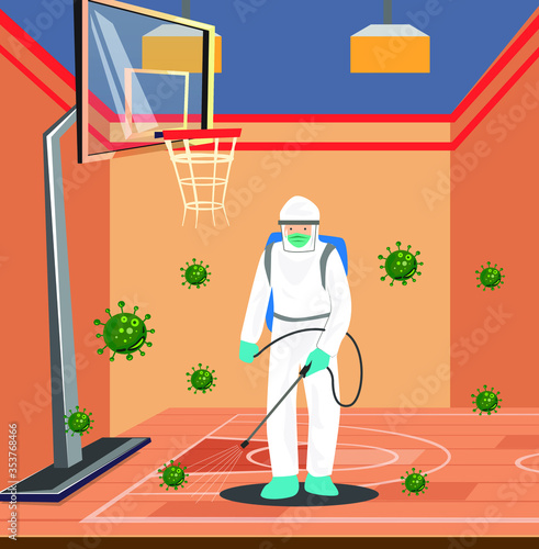 Vector illustration of a coronary injection (Covid-19) personnel sterilizing spray inside the basketball court.