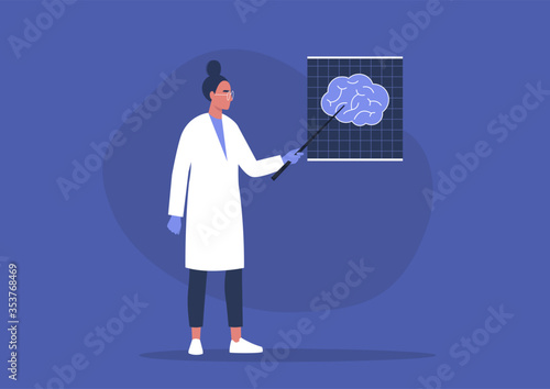 A young female doctor pointing at the x-ray image of human brain, cognitive science