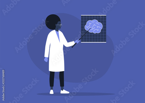 A young black female doctor pointing at the x-ray image of human brain, cognitive science