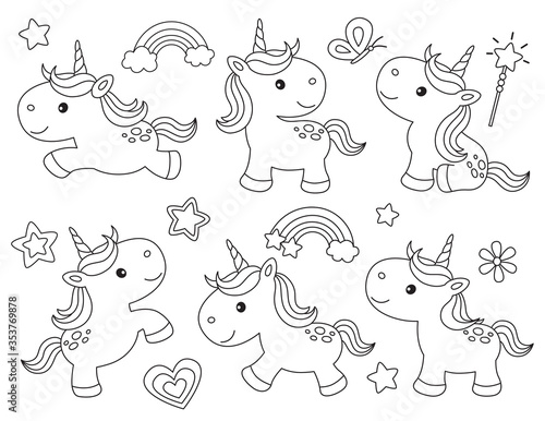 Outline cute unicorns for coloring. Unicorns line art vector illustration.