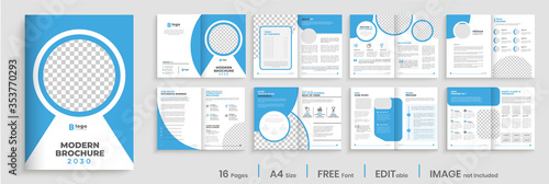 Brochure template design with blue modern shapes, 16 page, corporate, minimal business brochure template design.