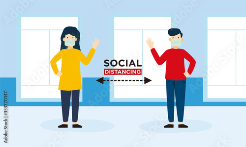 Social distancing,man and woman character wearing surgical mask and face shield maintain social distancing to prevent from virus spreading and flu prevention coronavirus outbreak spreading concept.
