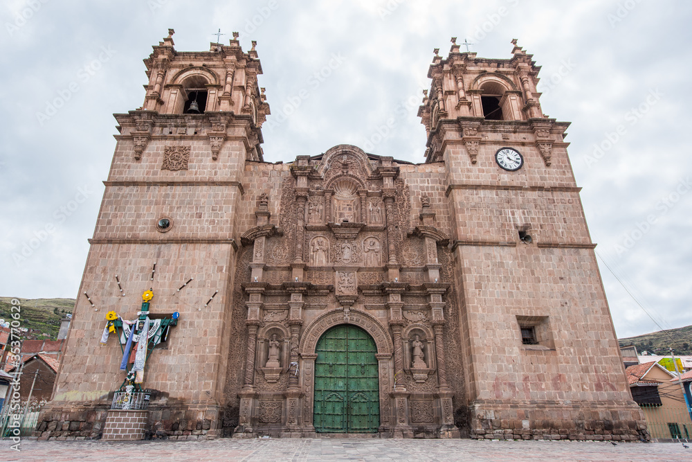view of Cathedral Basilica of Saint Charles Borromeo in Puno, Peru.