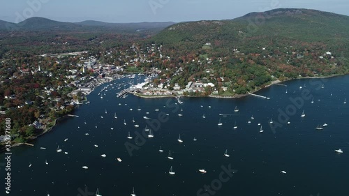 An aerial view of a New England harbor in fall 